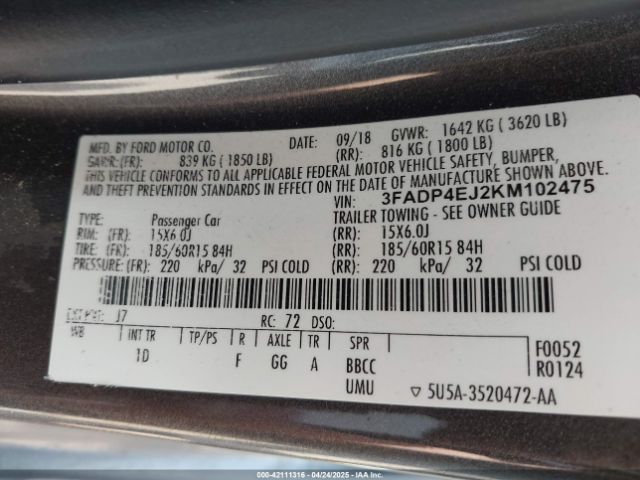 3FADP4EJ2KM102475 Ford FIESTA SE