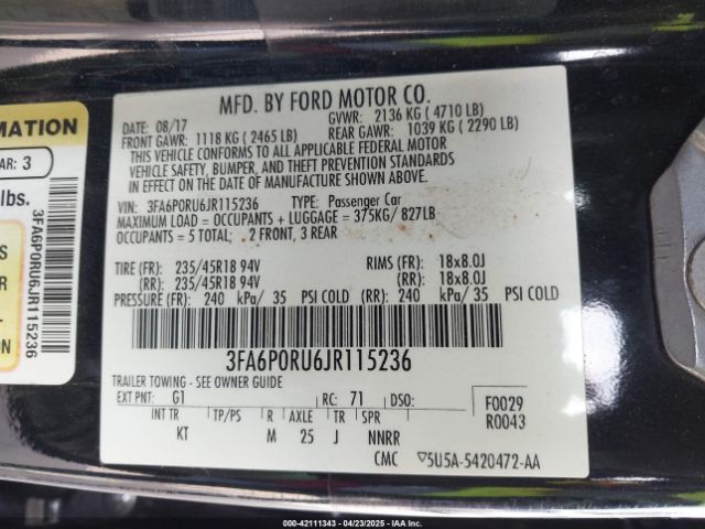 3FA6P0RU6JR115236 Ford Fusion Hybrid Titanium