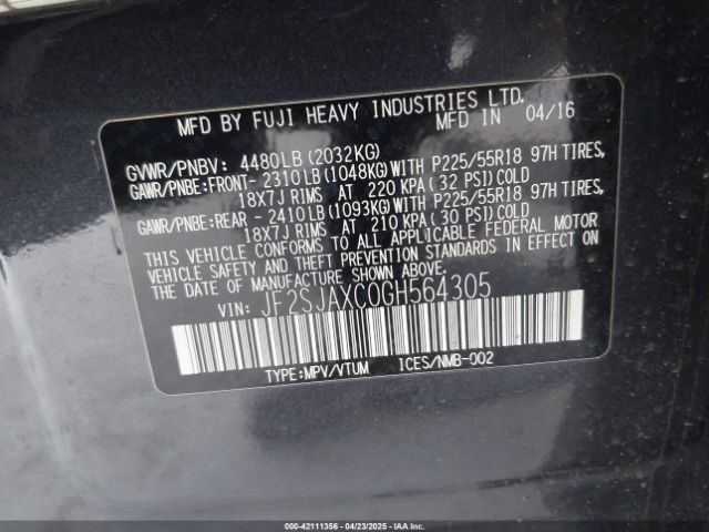 JF2SJAXC0GH564305 Subaru Forester 2.5i Touring