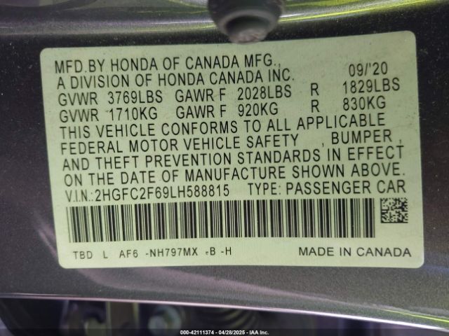 2HGFC2F69LH588815 Honda Civic Lx