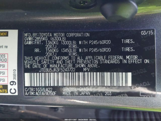 JTEBU5JR3F5243722 Toyota 4runner Limited