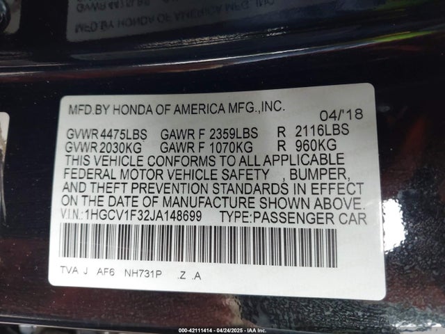 1HGCV1F32JA148699 Honda l15be