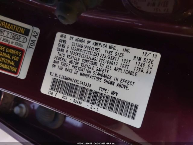 5J6RM4H74EL043339 Honda Cr-v Ex-l