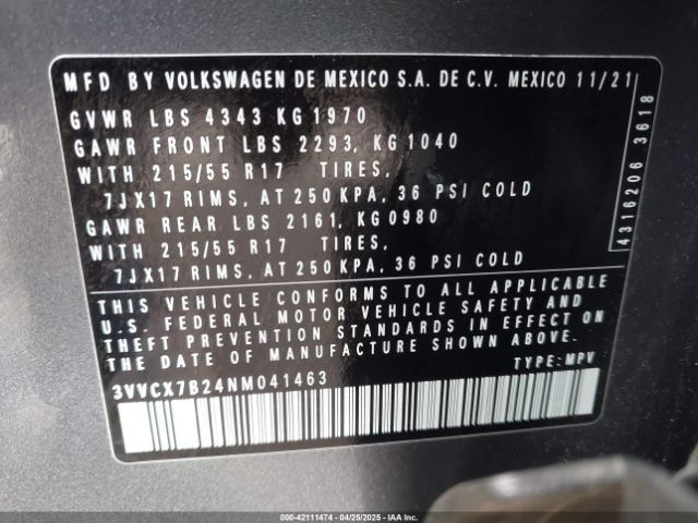 3VVCX7B24NM041463 Volkswagen Taos 1.5t S