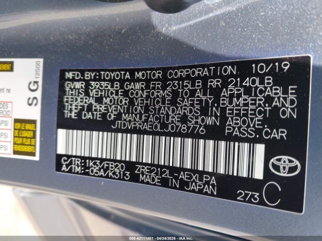 JTDVPRAE0LJ078776 Toyota 2zr-fae