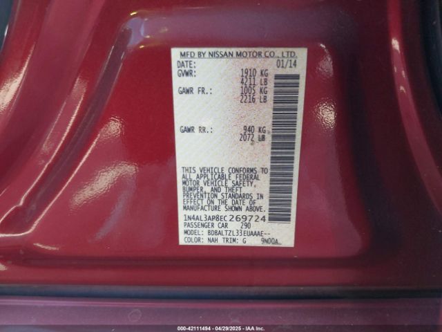 1N4AL3AP8EC269724 Nissan Altima 2.5 Sv