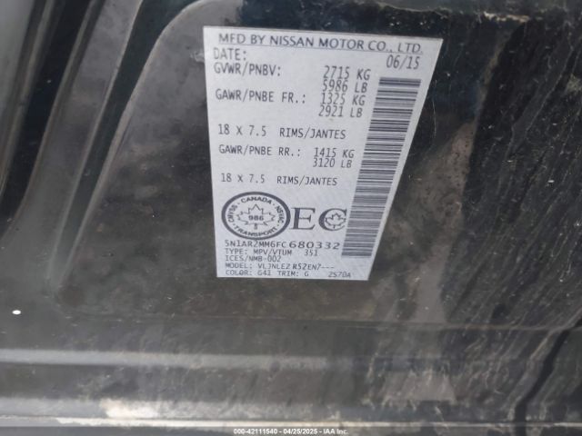 5N1AR2MM6FC680332 Nissan Pathfinder Platinum/s/sl/sv