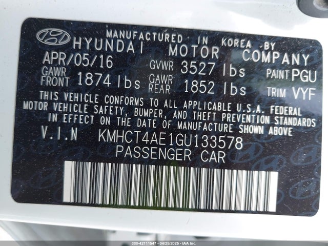 KMHCT4AE1GU133578 Hyundai ACCENT SE