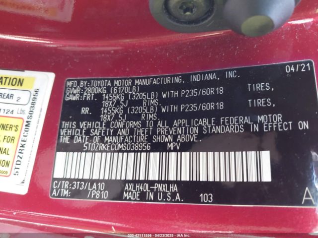 5TDZRKEC0MS038956 Toyota Sienna Limited