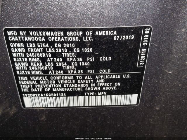 2019 VOLKSWAGEN ATLAS 1V2DR2CA1KC591124 Photo 8