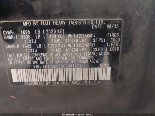 4S4BSADCXF3361221 Subaru Outback 2.5i Premium