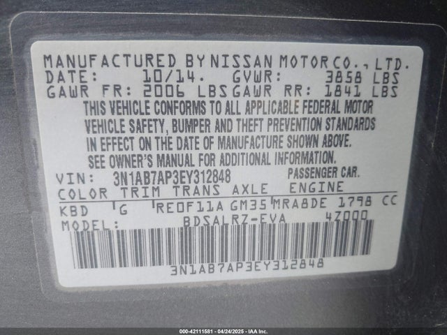 3N1AB7AP3EY312848 Nissan SENTRA SR