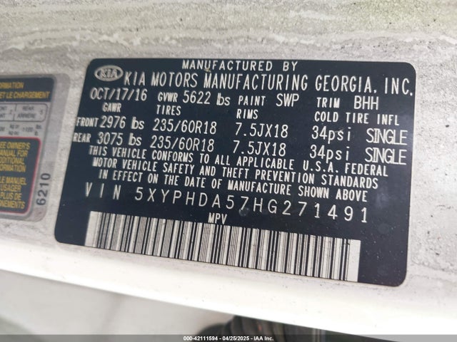 5XYPHDA57HG271491 KIA Sorento 3.3l Ex
