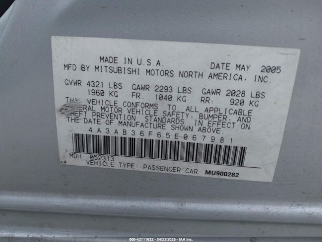 2005 MITSUBISHI GALANT 4A3AB36F65E067981 Photo 8