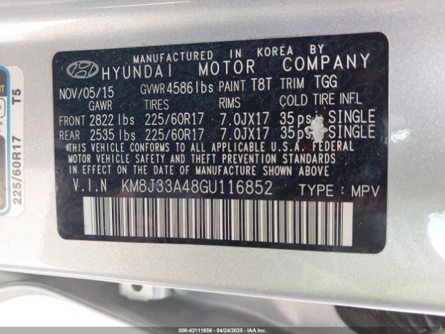 KM8J33A48GU116852 Hyundai TUCSON SE