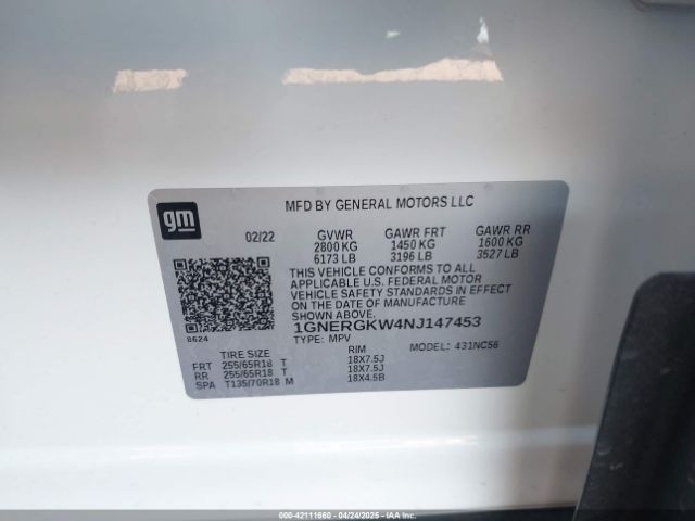 1GNERGKW4NJ147453 Chevrolet Traverse Fwd Lt Cloth