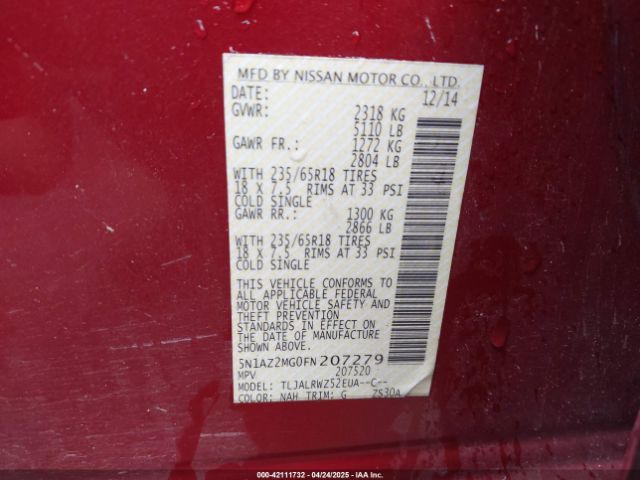 5N1AZ2MG0FN207279 Nissan MURANO SL