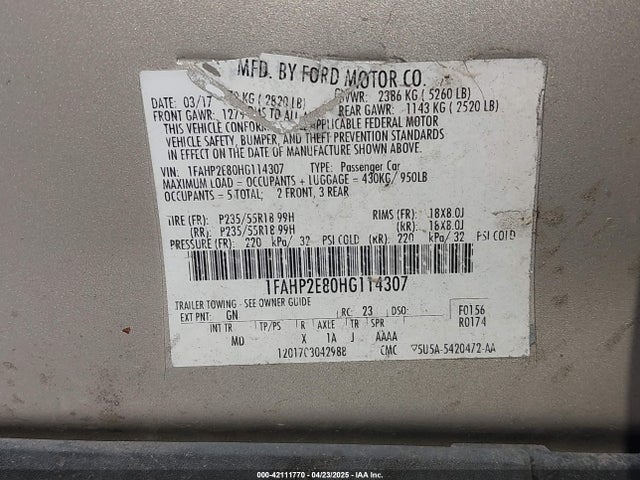 1FAHP2E80HG114307 Ford TAURUS SEL
