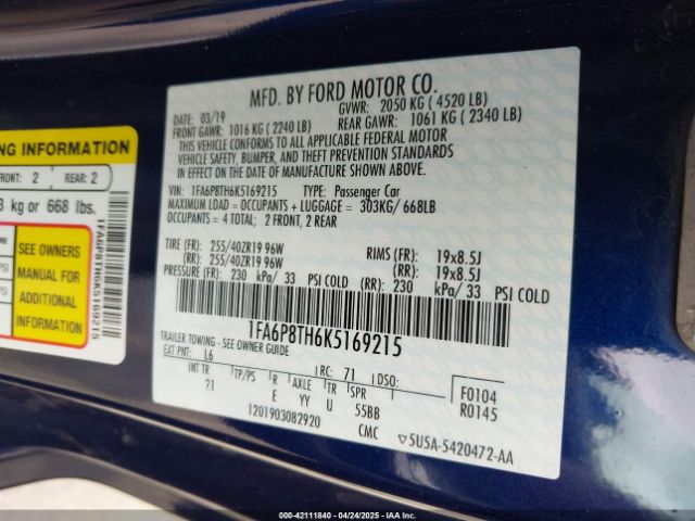 1FA6P8TH6K5169215 Ford Mustang Ecoboost