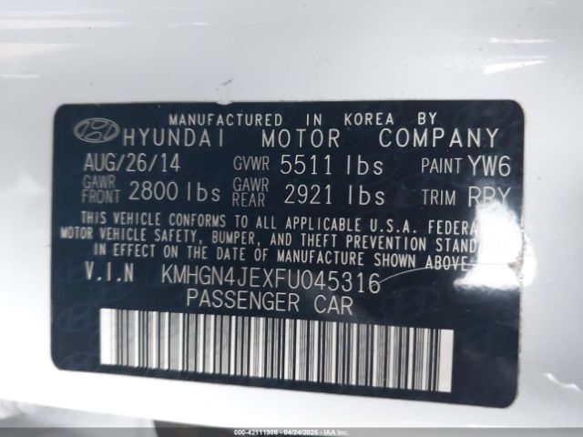 KMHGN4JEXFU045316 Hyundai Genesis 3.8