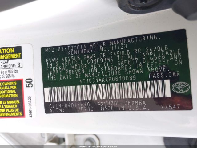 4T1C31AKXPU610089 Toyota Camry Le Hybrid