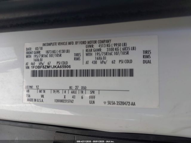 1FDBF8ZM1JKA65906 Ford Transit-350 Cab