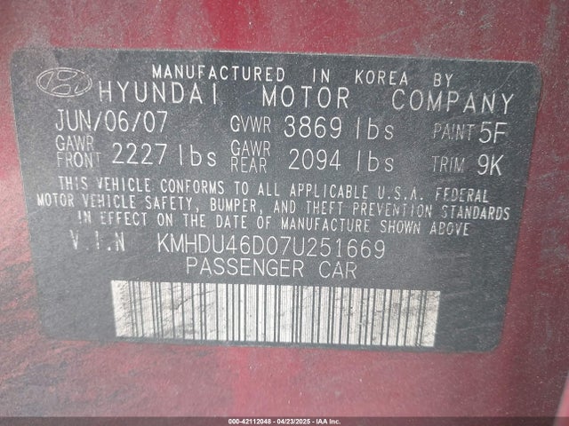 Aukcja sprzedaży 2007 Hyundai Elantra Gls/limited/se, vin: KMHDU46D07U251669, numer aukcji: 42112048