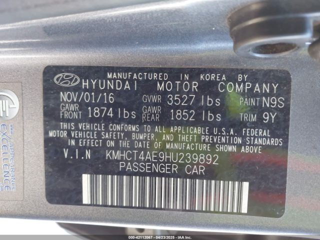 KMHCT4AE9HU239892 Hyundai ACCENT SE