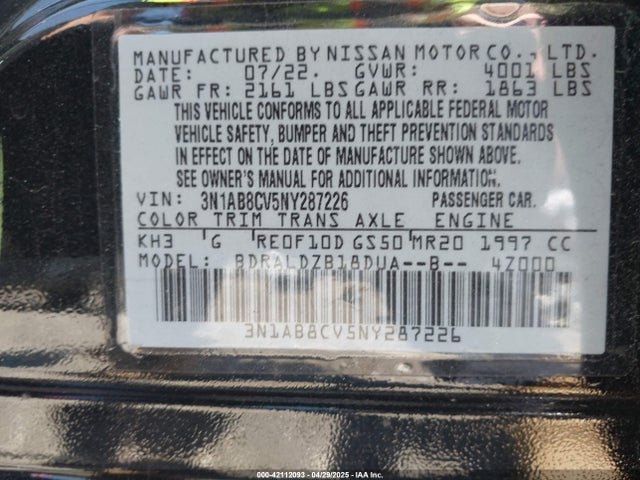 3N1AB8CV5NY287226 Nissan Sentra Sv Xtronic Cvt