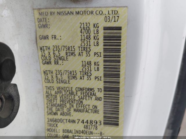 1N6BD0CT4HN744893 Nissan FRONTIER S