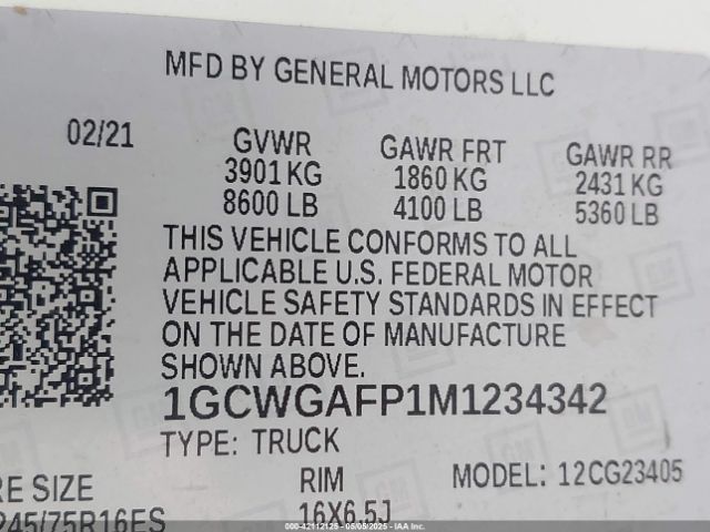 1GCWGAFP1M1234342 Chevrolet Express Cargo Rwd 2500 Regular Wheelbase Wt