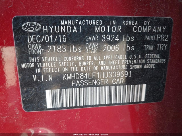 KMHD84LF1HU339691 Hyundai Elantra
