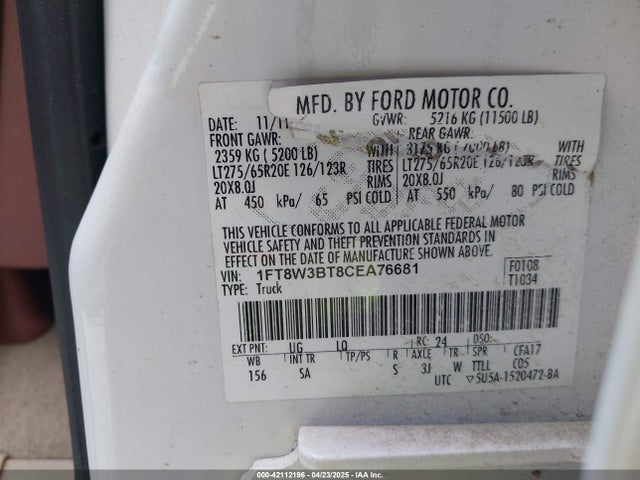 Aukcja sprzedaży 2012 Ford F-350 Lariat, vin: 1FT8W3BT8CEA76681, numer aukcji: 42112196