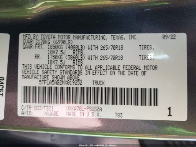 5TFLA5AB2NX019252 Toyota Tundra Sr5
