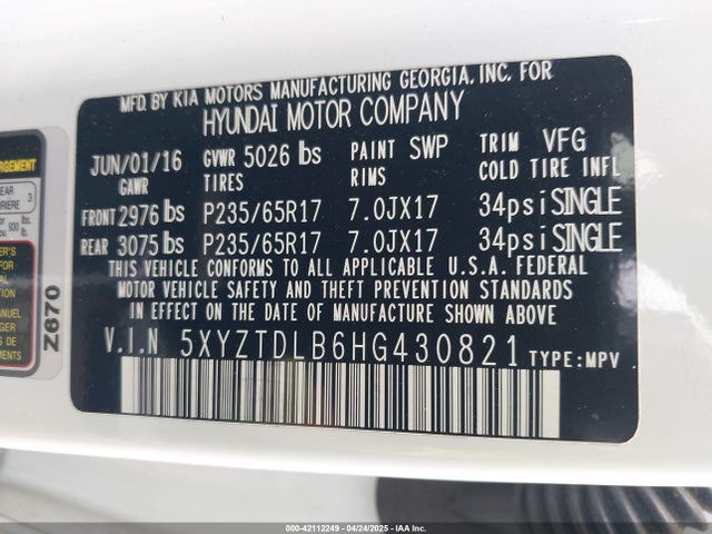 5XYZTDLB6HG430821 Hyundai Santa Fe Sport 2.4l