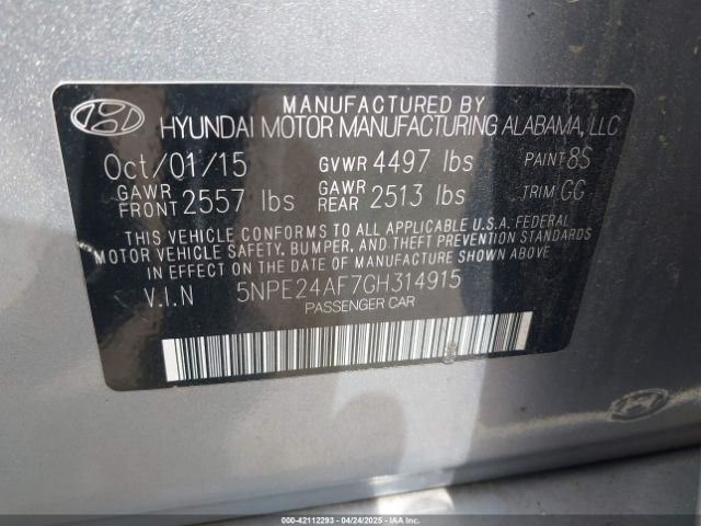 5NPE24AF7GH314915 Hyundai SONATA SE