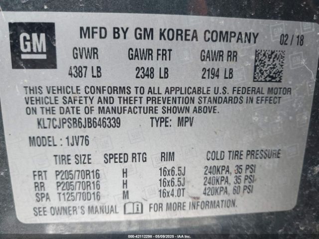 KL7CJPSB6JB646339 Chevrolet Trax Lt