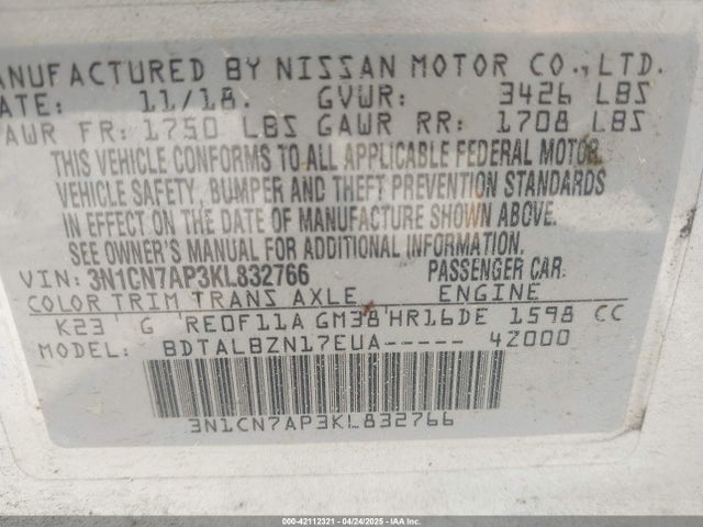 Nissan Versa S/s Plus/sv 2019 3N1CN7AP3KL832766 Image 9