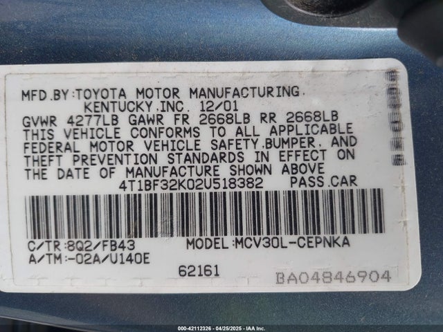 Auction sale of the 2002 Toyota Camry Le V6, vin: 4T1BF32K02U518382, lot number: 42112326