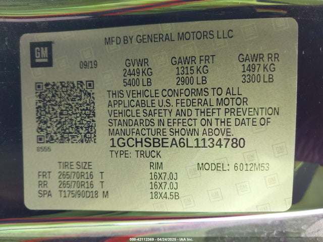 42112369 :رقم المزاد ، 1GCHSBEA6L1134780 vin ، 2020 Chevrolet Colorado 2wd  Long Box Wt مزاد بيع