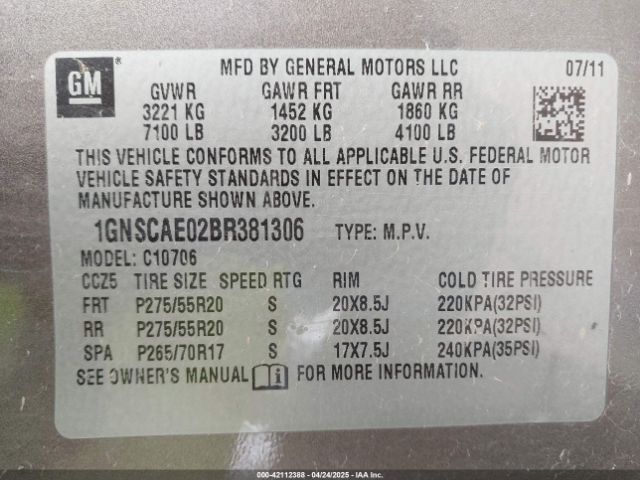 2011 CHEVROLET TAHOE 1GNSCAE02BR381306 Photo 8