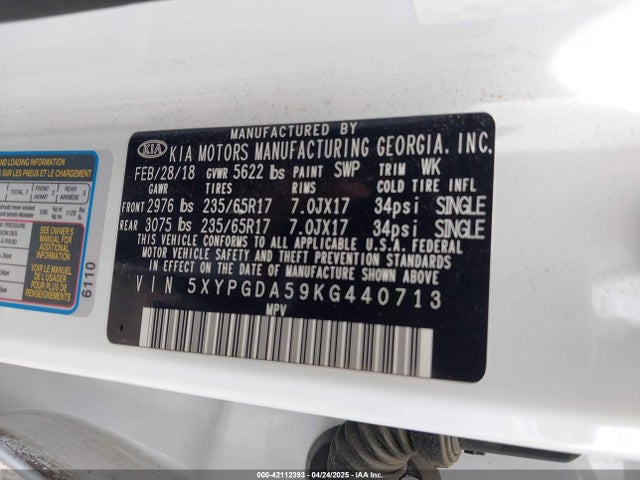 5XYPGDA59KG440713 KIA Sorento 3.3l Lx