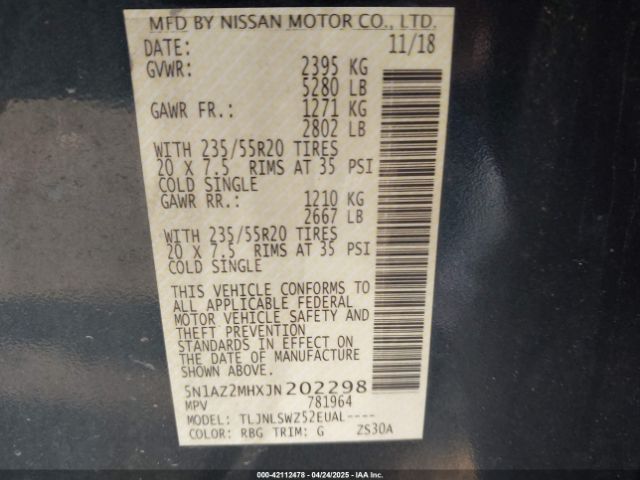 5N1AZ2MHXJN202298 Nissan Murano Platinum