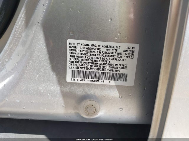 5FNYF3H29EB005862 Honda PILOT LX