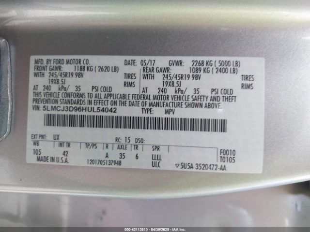 5LMCJ3D96HUL54042 Lincoln Mkc Reserve