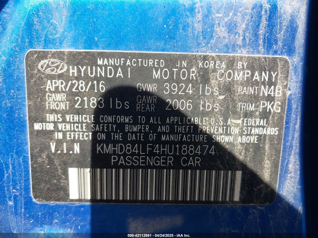 KMHD84LF4HU188474 Hyundai ELANTRA SE
