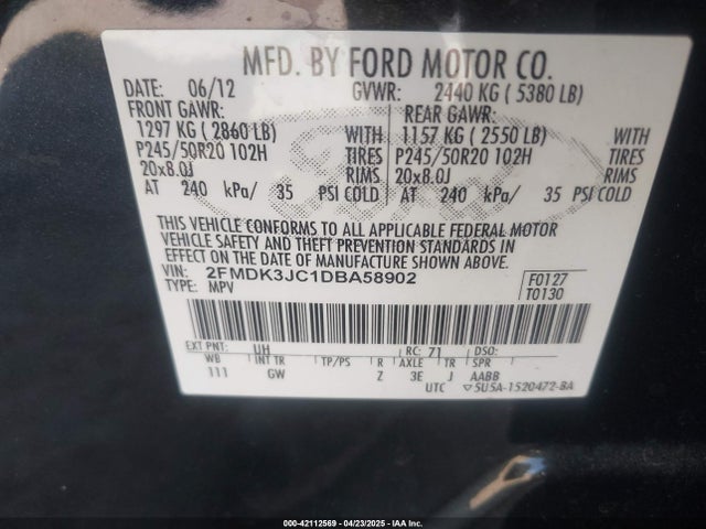 Aukcja sprzedaży 2013 Ford Edge Sel, vin: 2FMDK3JC1DBA58902, numer aukcji: 42112569