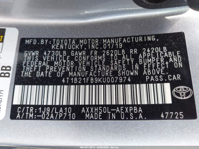 4T1B21FB9KU007974 Toyota Avalon Hybrid Limited