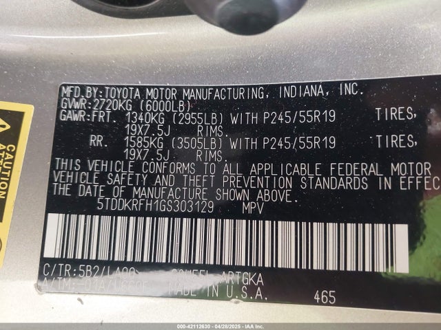 5TDDKRFH1GS303129 Toyota 2gr-fe