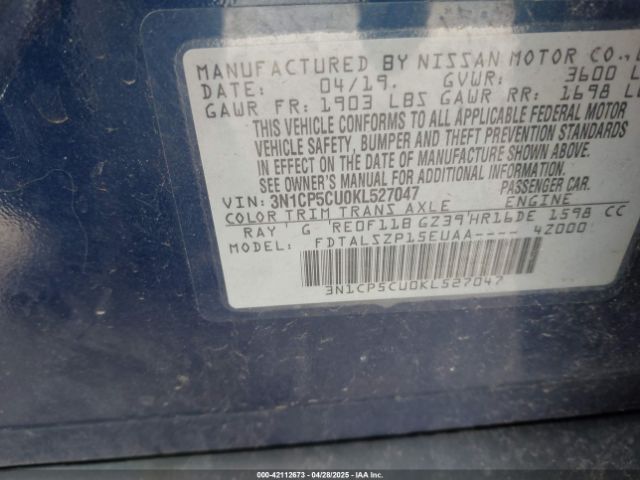 3N1CP5CU0KL527047 Nissan KICKS SV